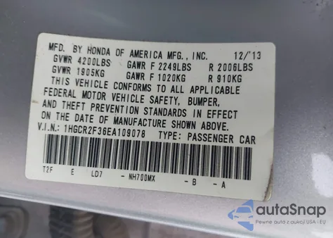 2014 Honda Accord Lx from USA, damaged, VIN 1HGCR2F36EA109078